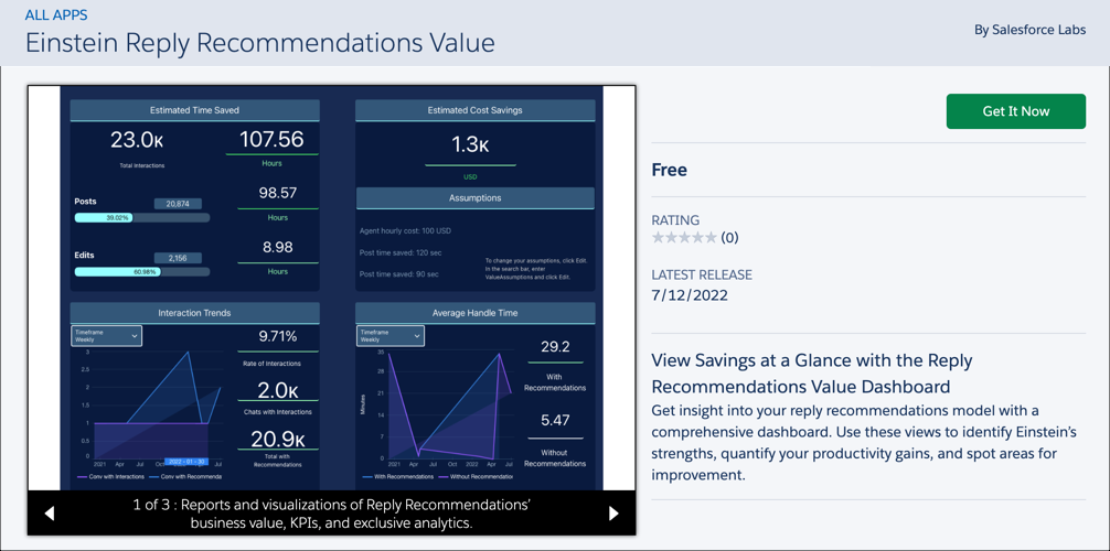 AppExchange listing for Einstein Reply Recommendations Value dashboard