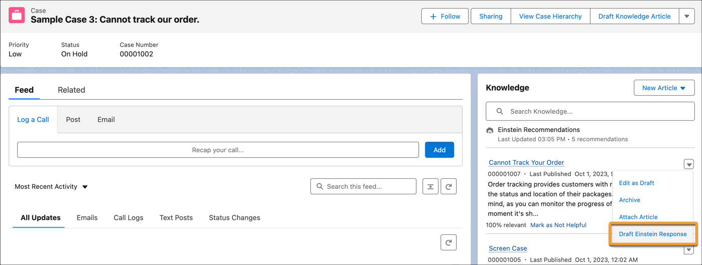 Service console with the drop down menu from an article with Draft Einstein Response highlighted