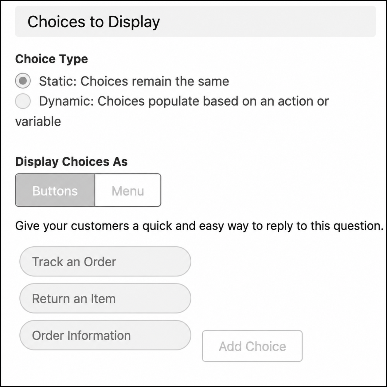Bot Builder showing Buttons selected with three choice options
