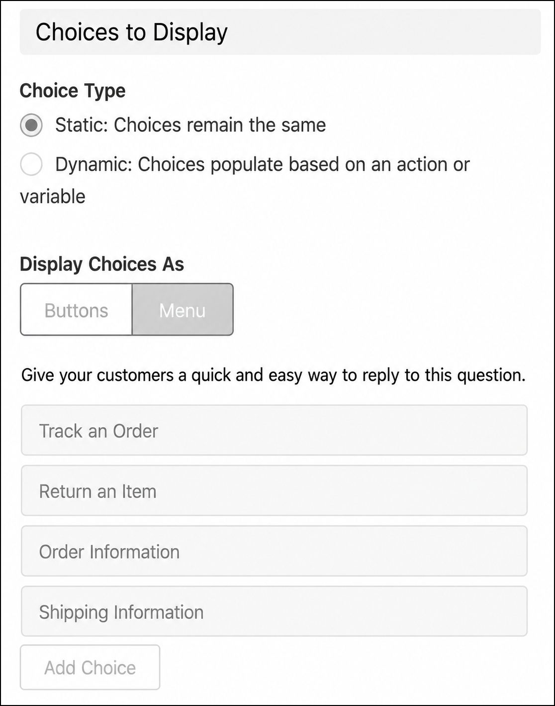 Bot Builder showing Menu selected with four choice options