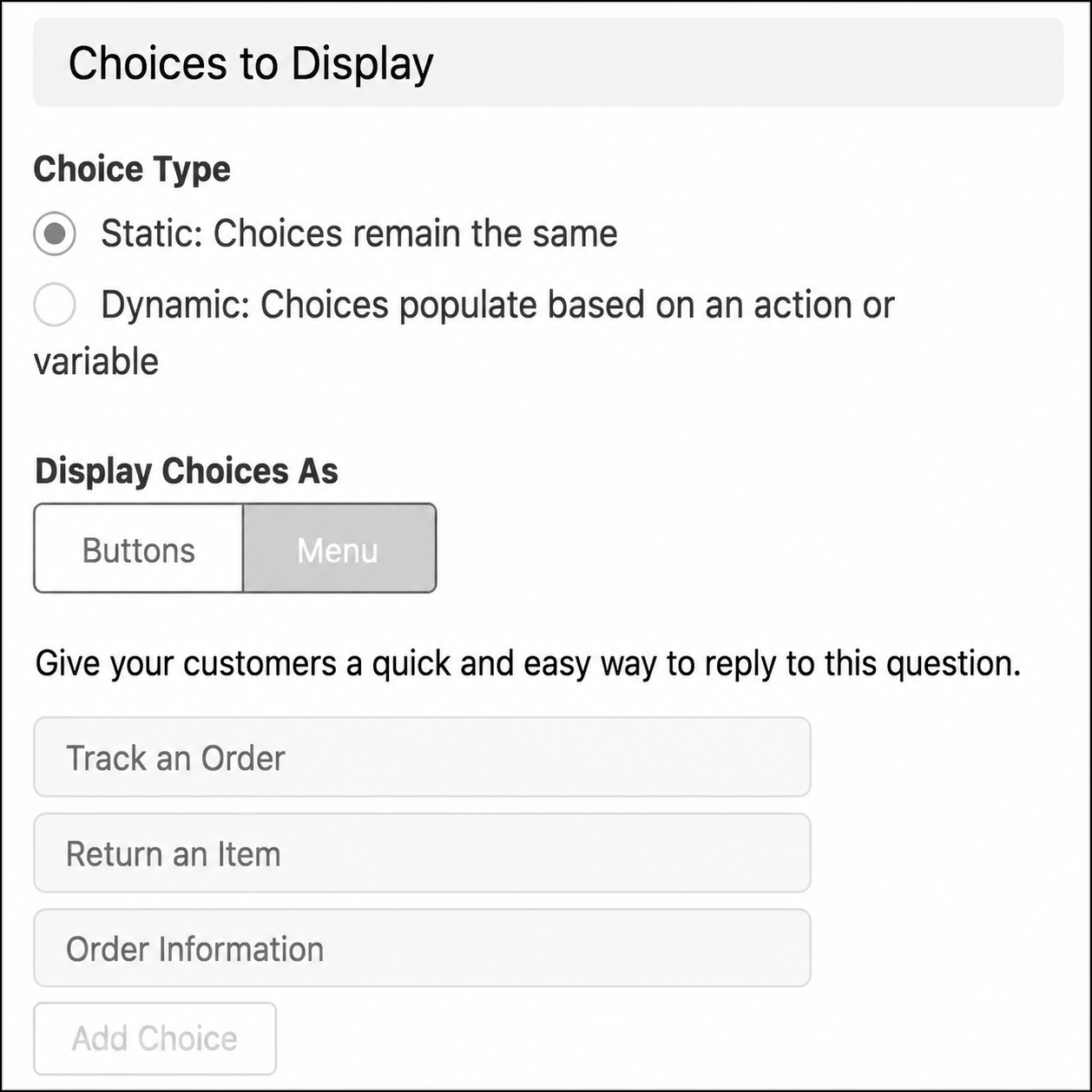 Bot Builder showing Menu selected with three choice options
