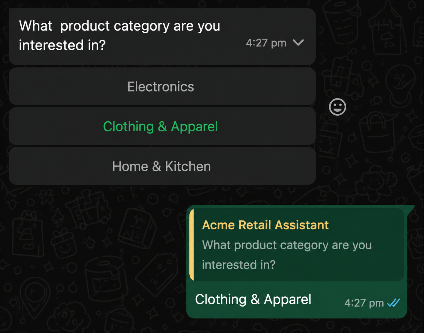 WhatsApp conversation showing selected option in message bubble