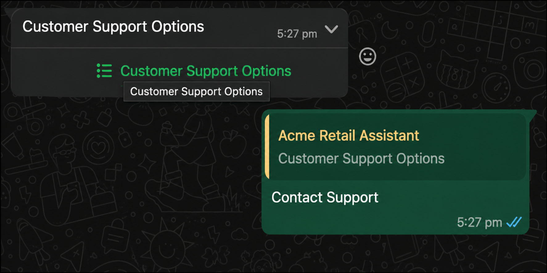 WhatsApp conversation showing collapsed List Selector