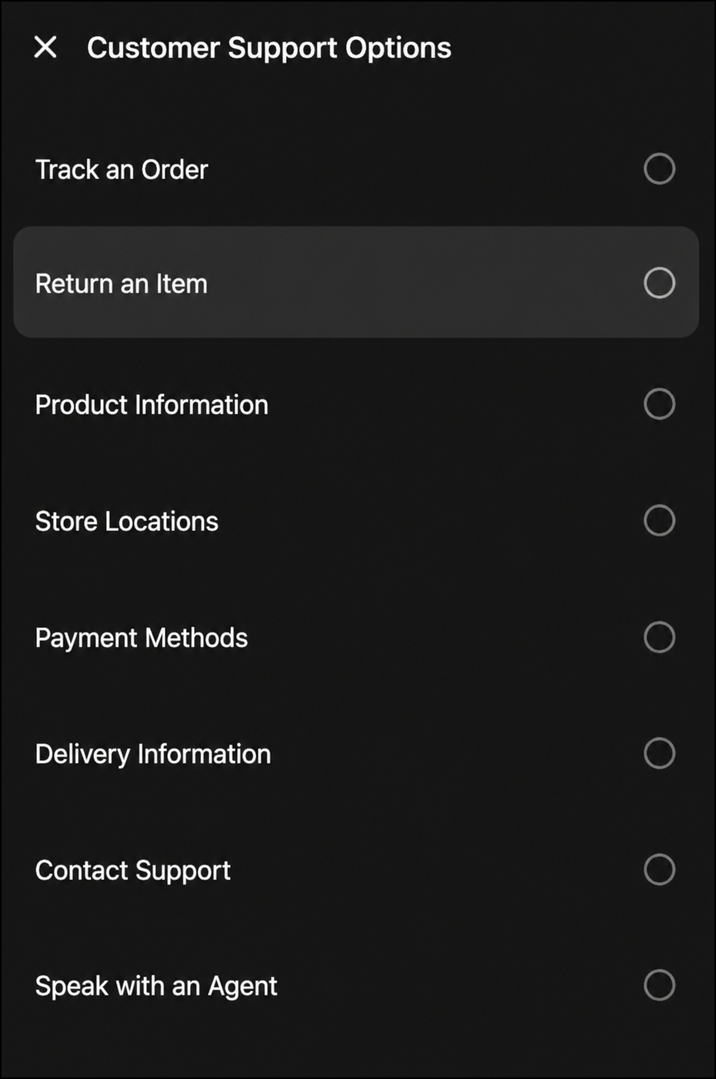 WhatsApp conversation showing expanded List Selector with all support options