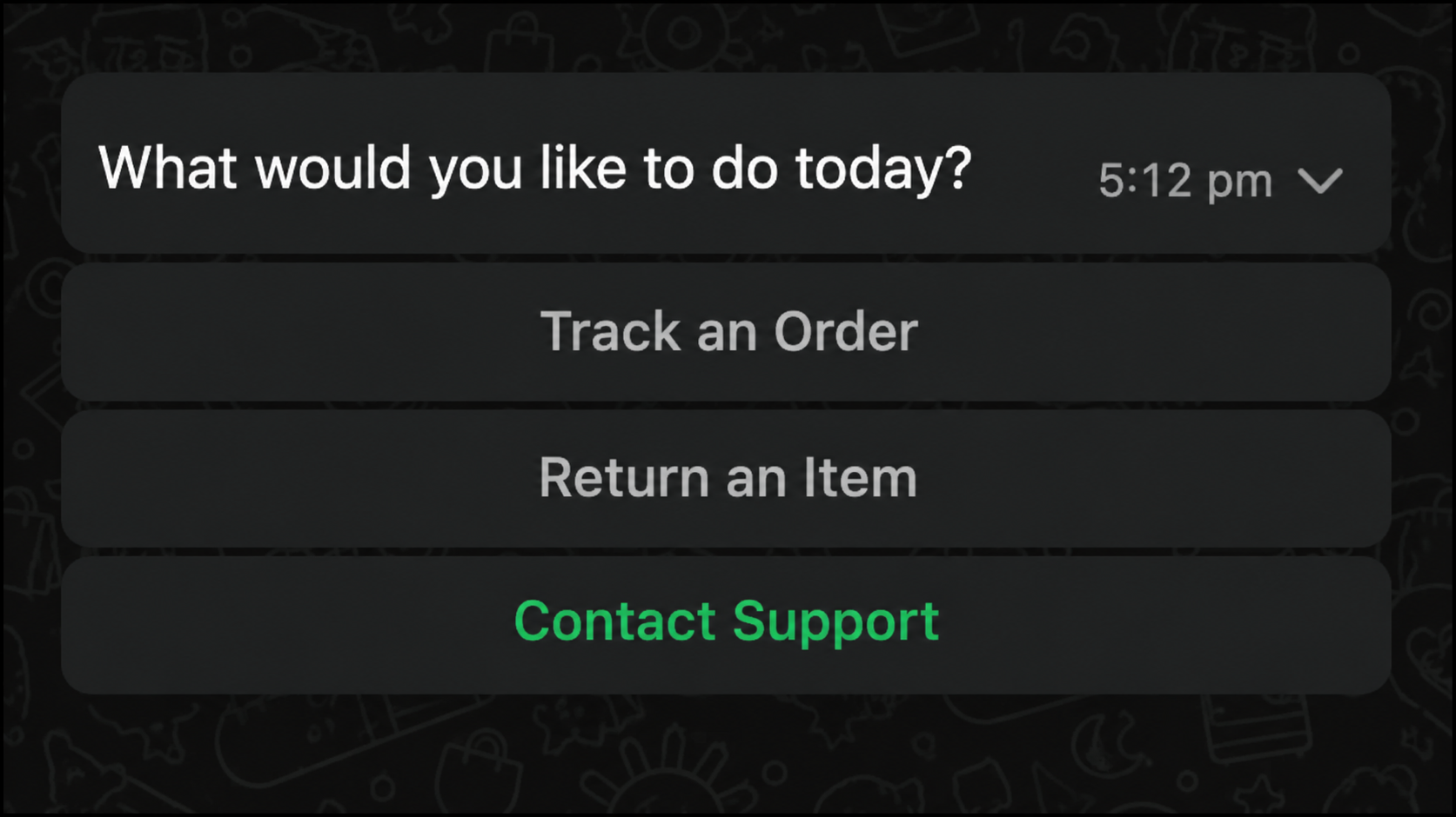 WhatsApp conversation showing three vertically stacked buttons