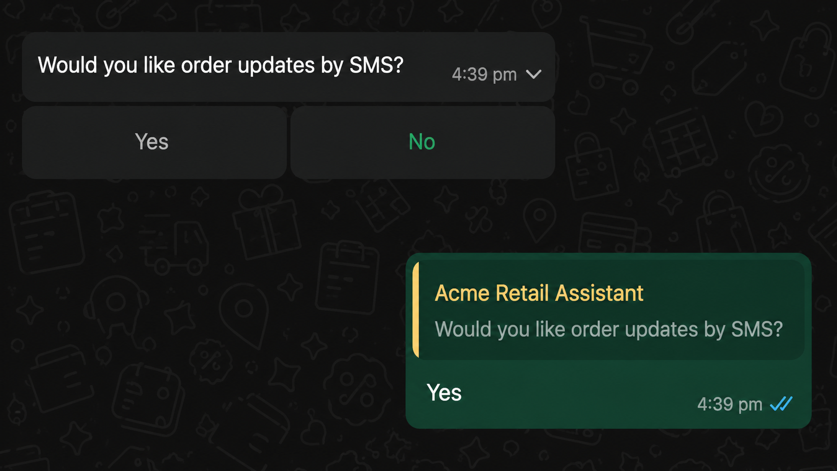 WhatsApp conversation showing two horizontally arranged buttons