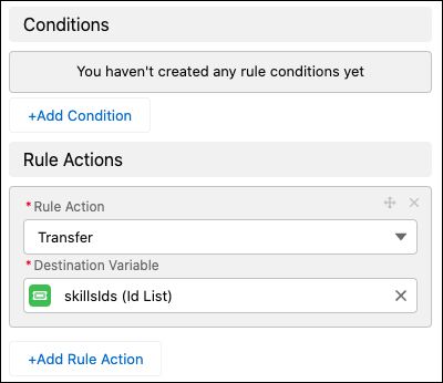 A rule dialog step transfers the conversation using the Skill IDs.
