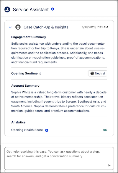 Case Catch-Up and Insights shown in the Service Assistant component
