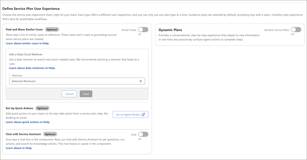 Define Service Plan User Experience section with guidance and dynamic plan columns