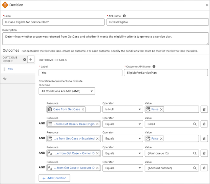 Example: Service Assistant flow decision element configuration