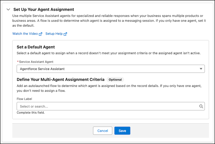 The Set a Default Agent section of the Service Assistant Setup page.