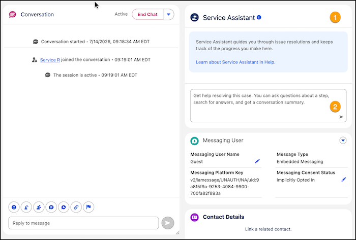 The Service Assistant component and chat box on a Messaging Session record page.