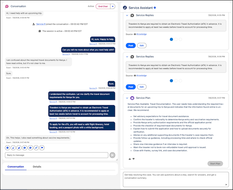 Service Replies shown in the Service Assistant component