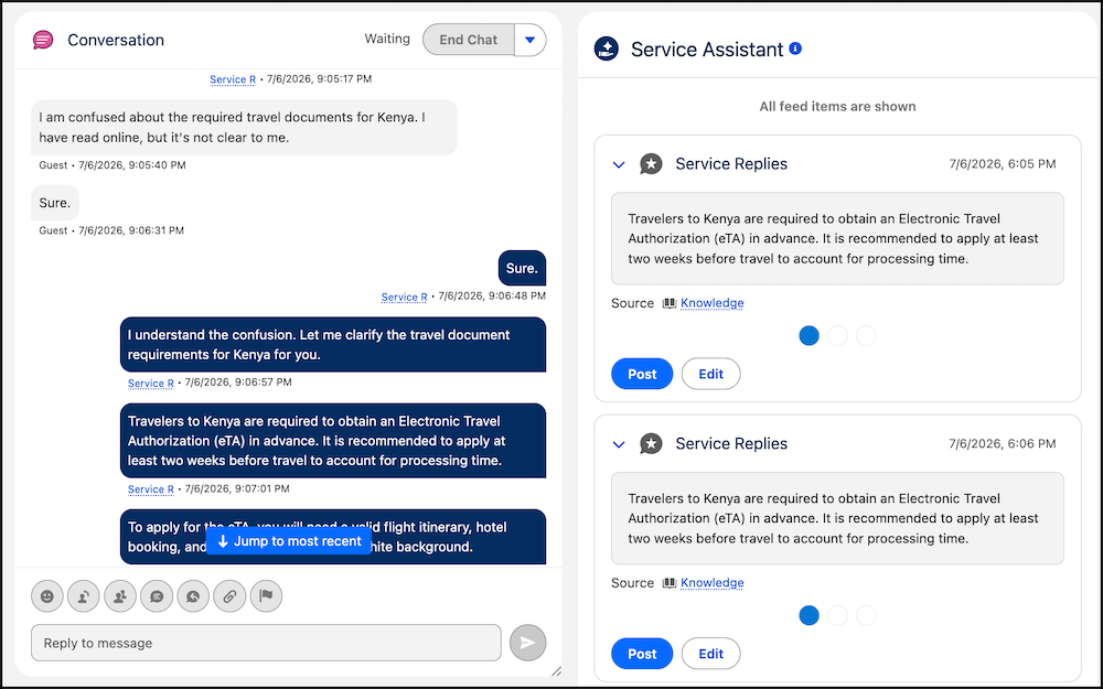 Service Replies shown when a messaging session starts