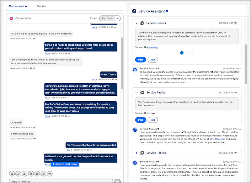 Service Replies shown in the component alongside service plan steps