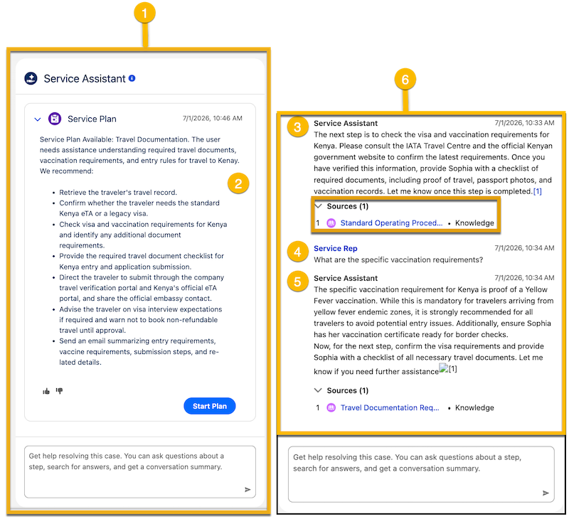 The Service Assistant panel with the service plan, plan steps, and agent chat.