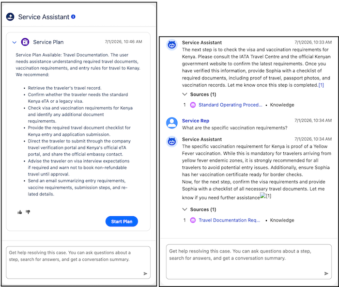 The Service Assistant panel with the service plan, plan steps, and agent chat.