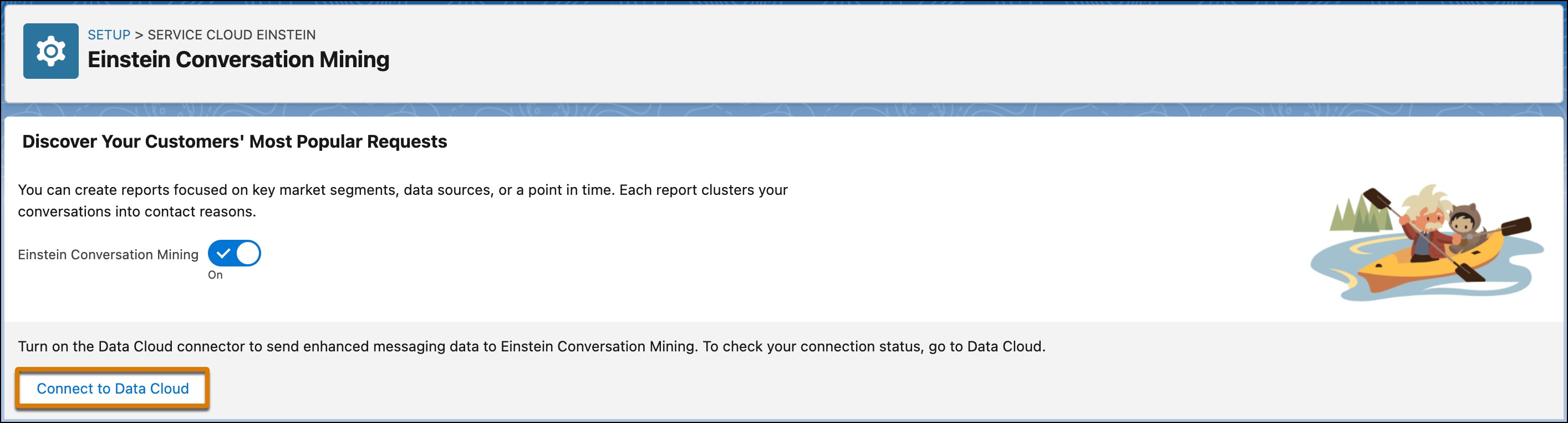 Einstein Conversation Mining home page with a callout on Connect to Data Cloud.