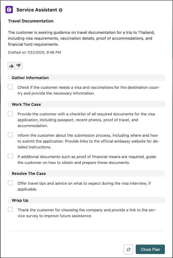 Service Assistant component in the draft plan state