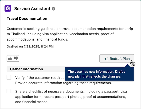 Service Assistant component in the redraft plan state