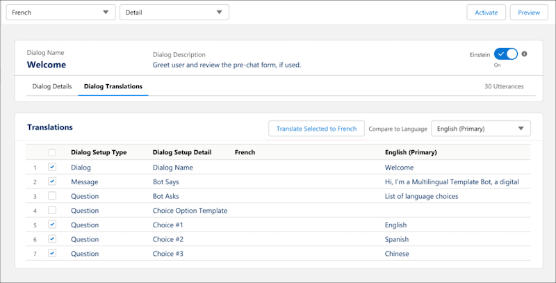 Para modificar traducciones, visite la ficha Traducciones de diálogo.