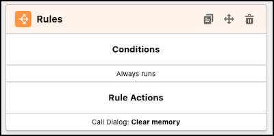 Une étape de dialogue règle qui efface la mémoire de certaines variables.