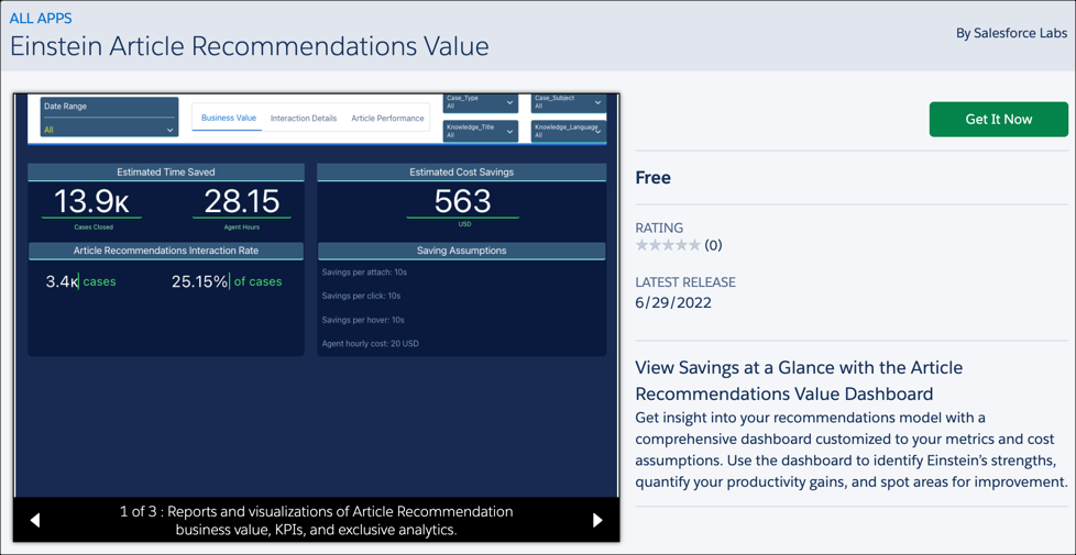 Elenco AppExchange per il cruscotto digitale Einstein Article Recommendations Value