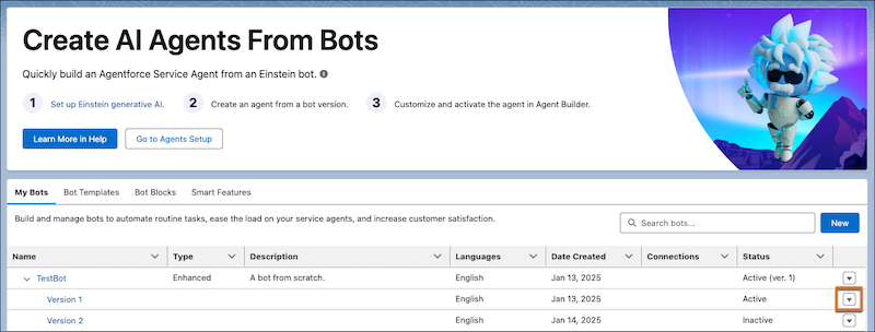 Pagina di impostazione di Bot Einstein