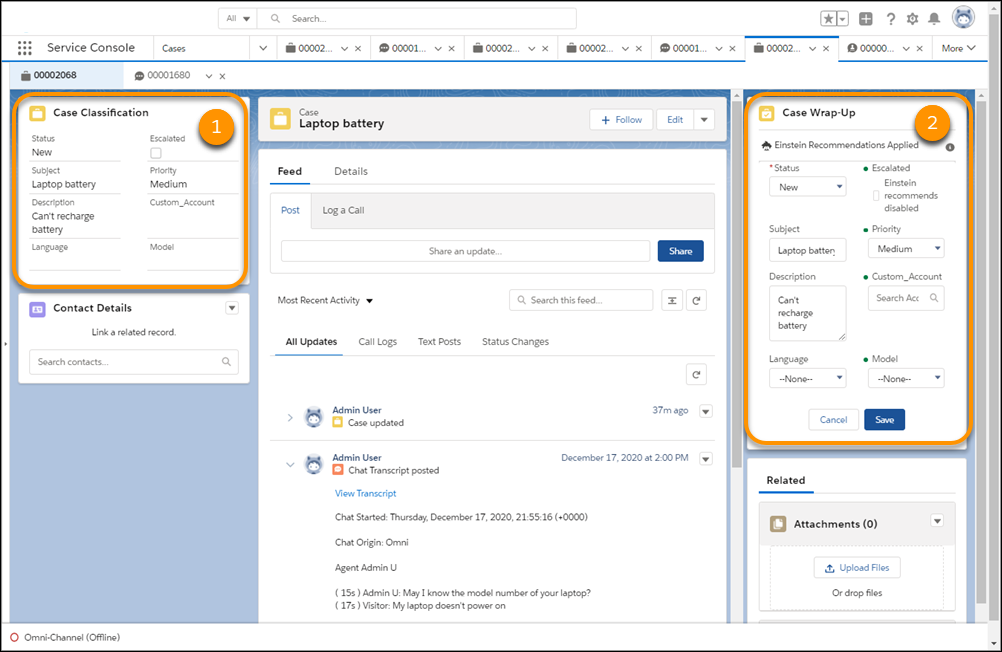 Classificazione casi Einstein e Conclusione casi mostrano i consigli in Service Console.
