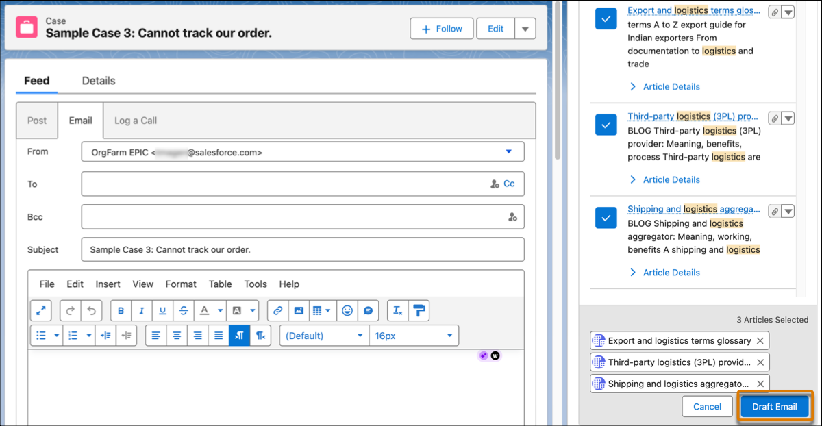 De casepagina met de knop Concept-e-mail op de Knowledge component.