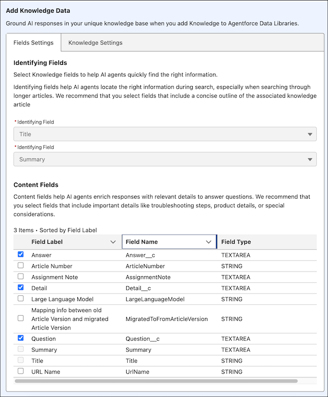 Configuração de fundamentação do Service Assistant Knowledge