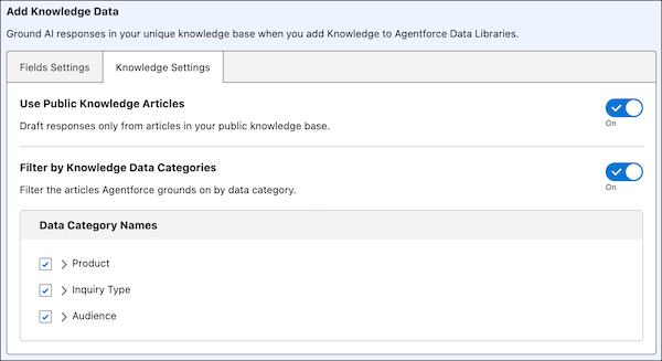 Configurações do Knowledge da biblioteca de dados