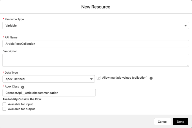 新的 Apex 定義變數,可保留「文章建議 JSON」清單中的項目。