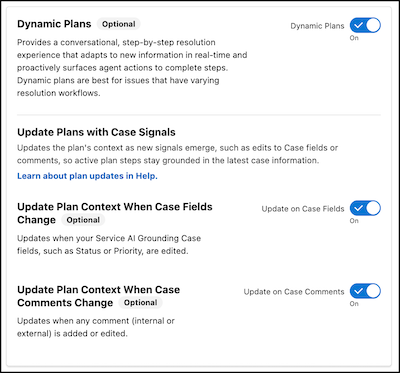 Dynamic Plans section of the Service Assistant Setup page with the case field and comment update toggles turned on