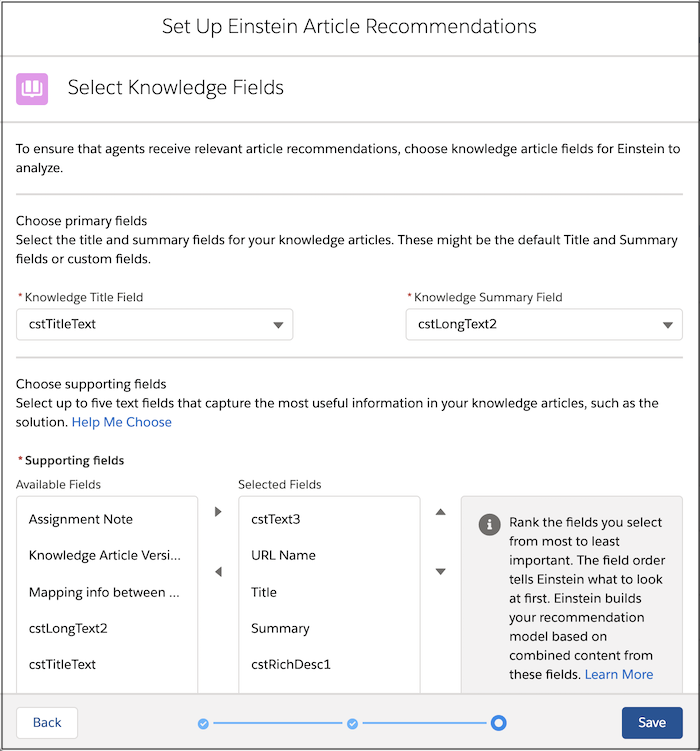 Knowledge field selection screen