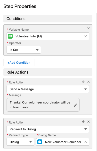 A rule step that sends a message and redirects to a dialog