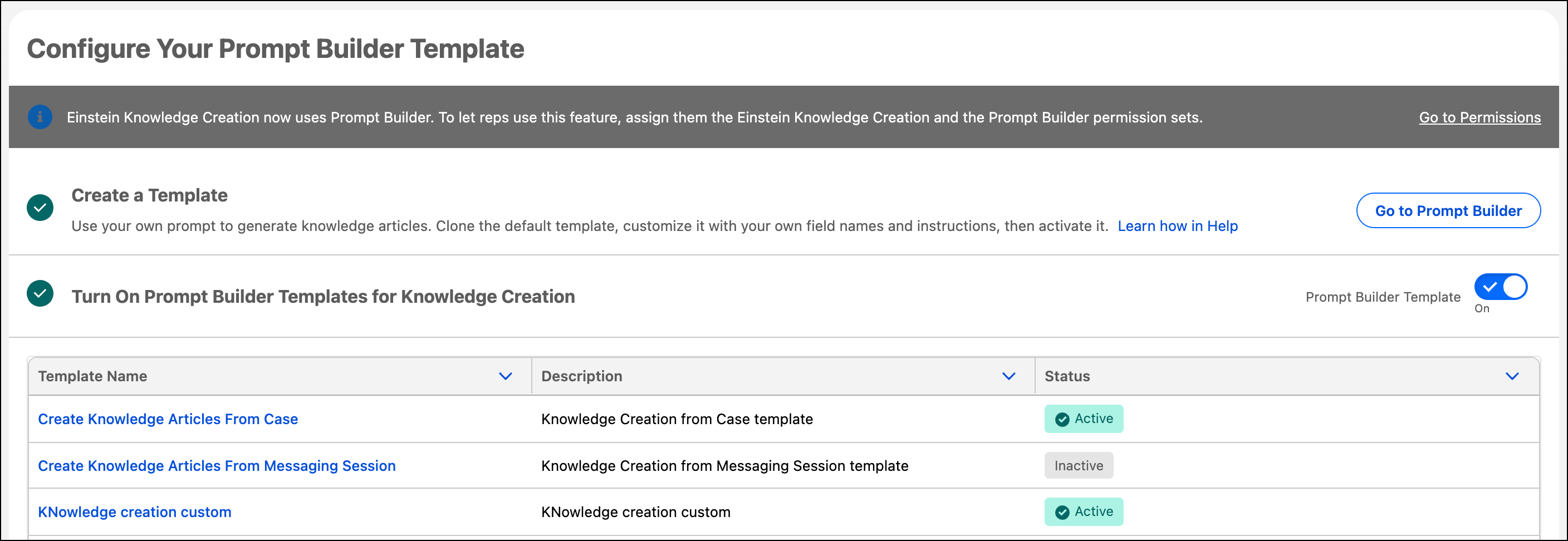 Knowledge Creation setup page with the Prompt Builder Template toggle turned on