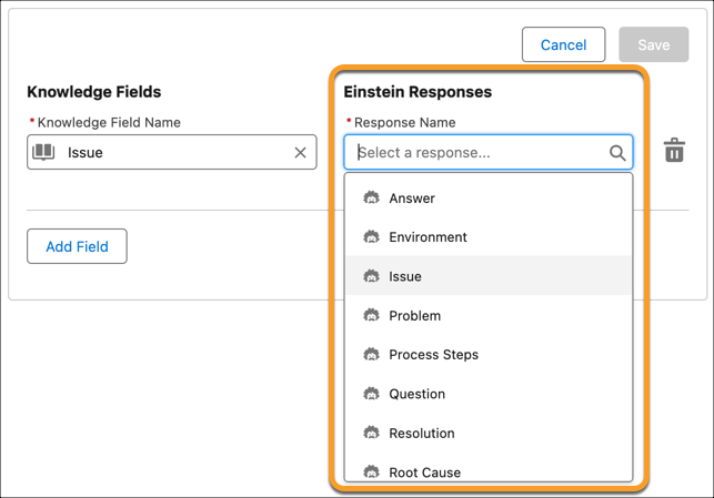 Mapping Knowledge Fields to Einstein Responses with the Response Name dropdown menu highlighted