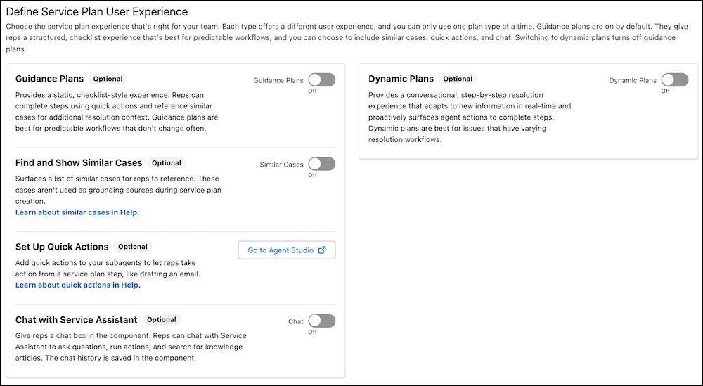 Define Service Plan User Experience section with guidance and dynamic plan sections