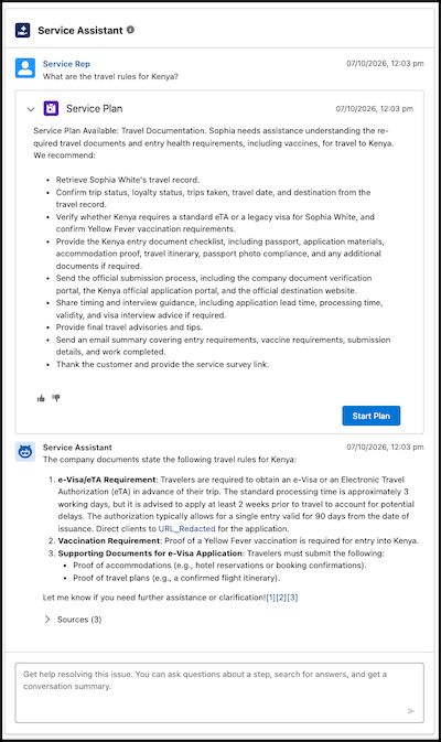 The component feed with a chat question, the plan summary card, and the answer in order.