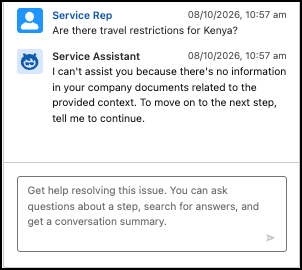 The service rep asks "Are there travel restrictions for Kenya?" and Service Assistant responds that it can’t help because there’s no information in the company documents.
