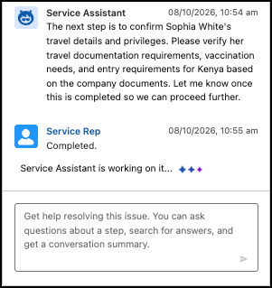 The service rep enters "Completed" in the agent chat to finish a step, and the status indicator shows while Service Assistant generates the next step.