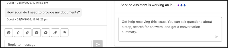 A customer message in a messaging conversation and the status indicator in the Service Assistant component.