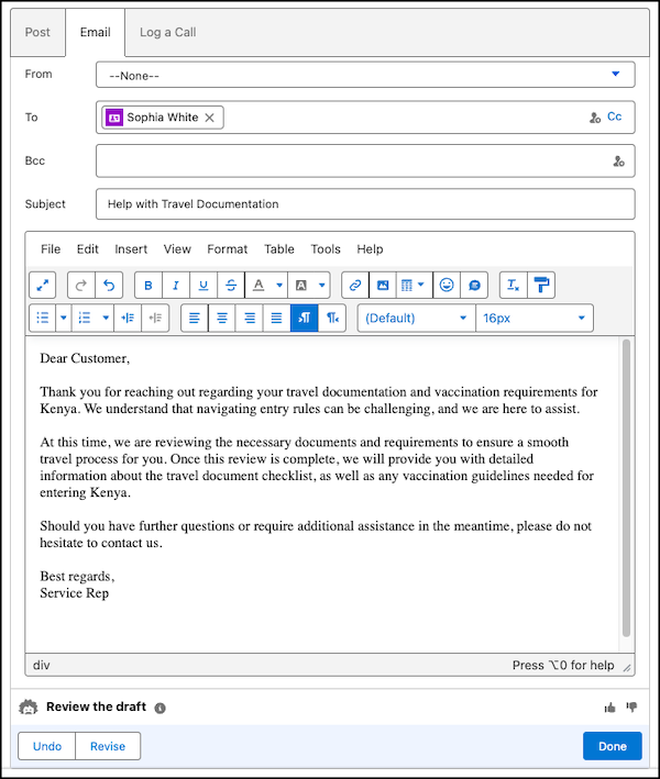 Example service plan email draft