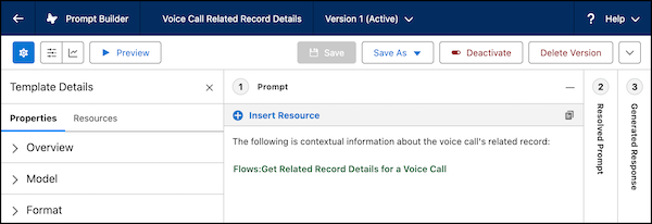 Voice Call Related Record Details default prompt template