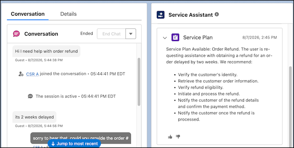 A messaging conversation next to the plan summary for an order refund.