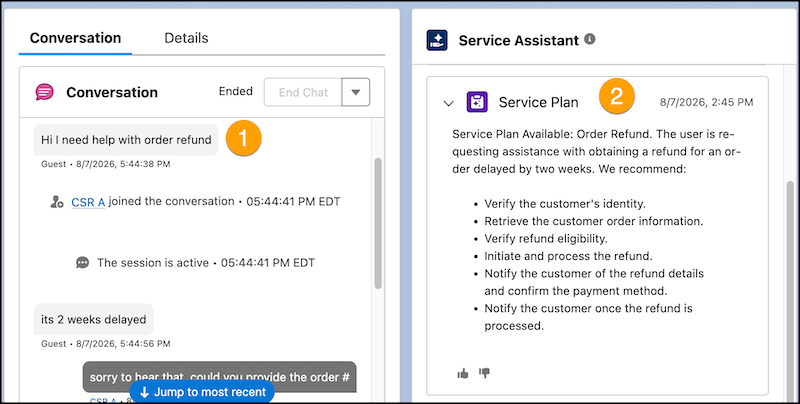 The Service Assistant component with the first plan step shown and no Start Plan button.