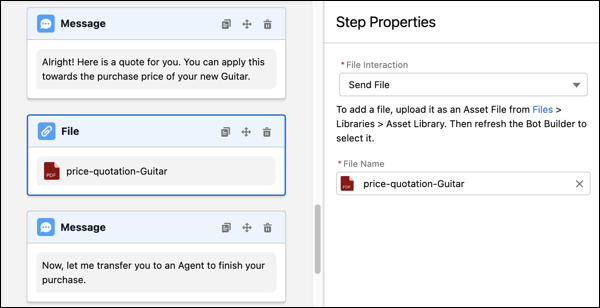 A File dialog step and Step Properties panel configured to send a file