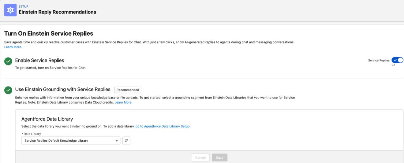 The Agentforce Data Library configuration panel with a selected Agentforce Data Library.