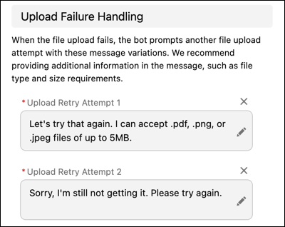 Duas mensagens de nova tentativa de upload no painel Propriedade da etapa